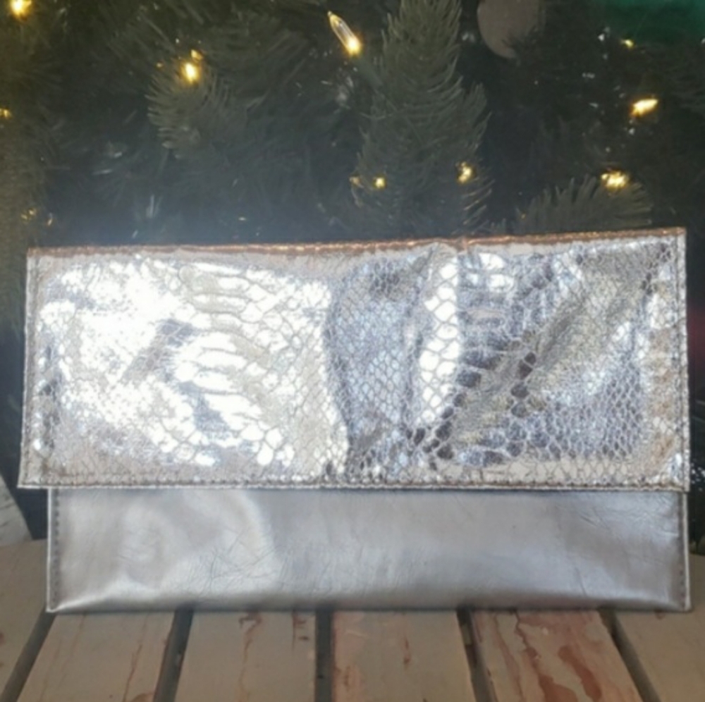 Saks Fifth Avenue Metallic Silver Snakeskin Fold-Over Clutch